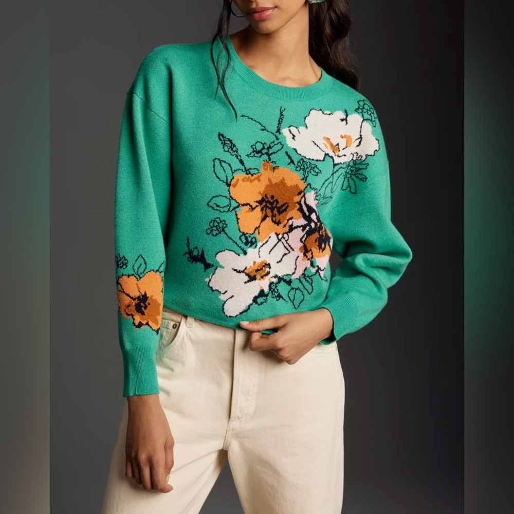 Anthropologie Maeve Sonal Nathwani Camryn cropped Green Floral Sweater